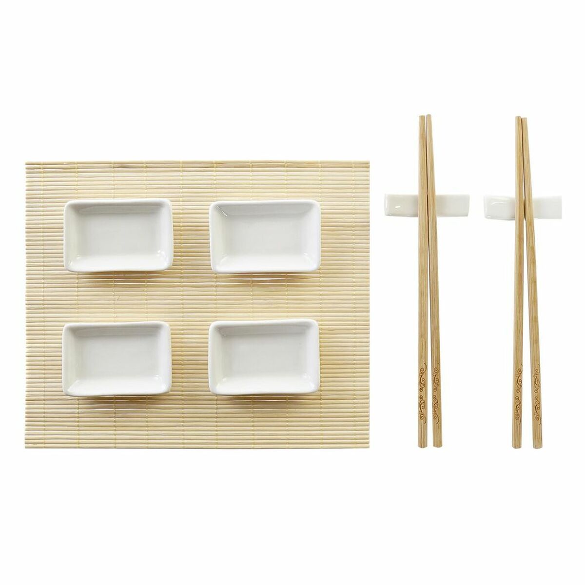Sushisetti 9-osainen, bambu & valkoinen, itämainen sushimatto 30 x 40 cm