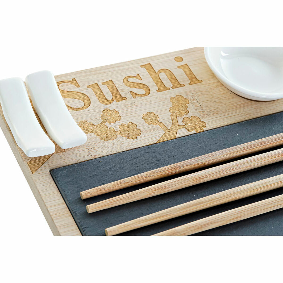 Sushisetti bambulautanen liuskekivellä, soijakulhot & puutikut 28,5 x 18,5 cm, 9 osaa