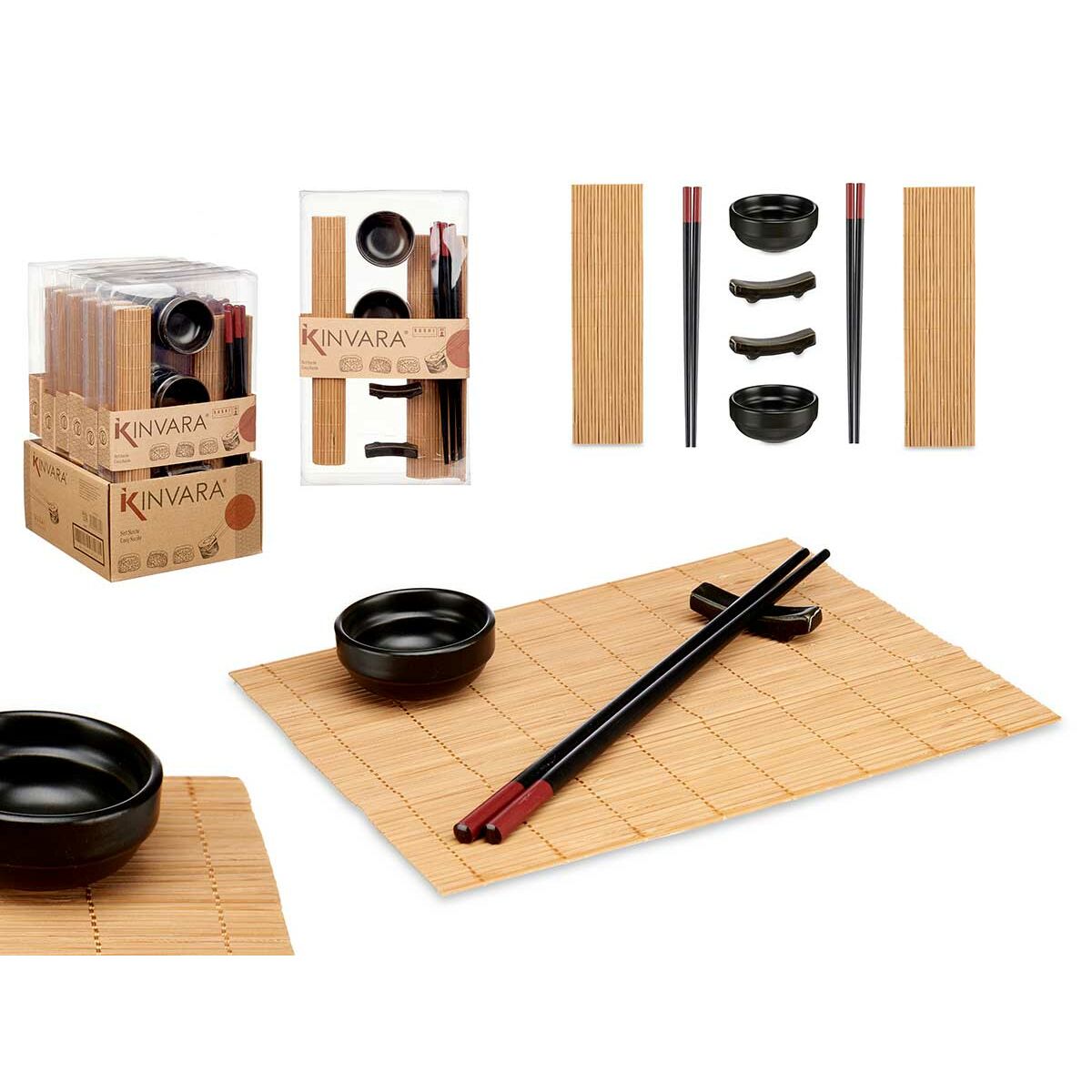 Sushisetti bambumatto & posliinikulho, musta & luonnonväri, 8 osaa 16,5x3x30 cm