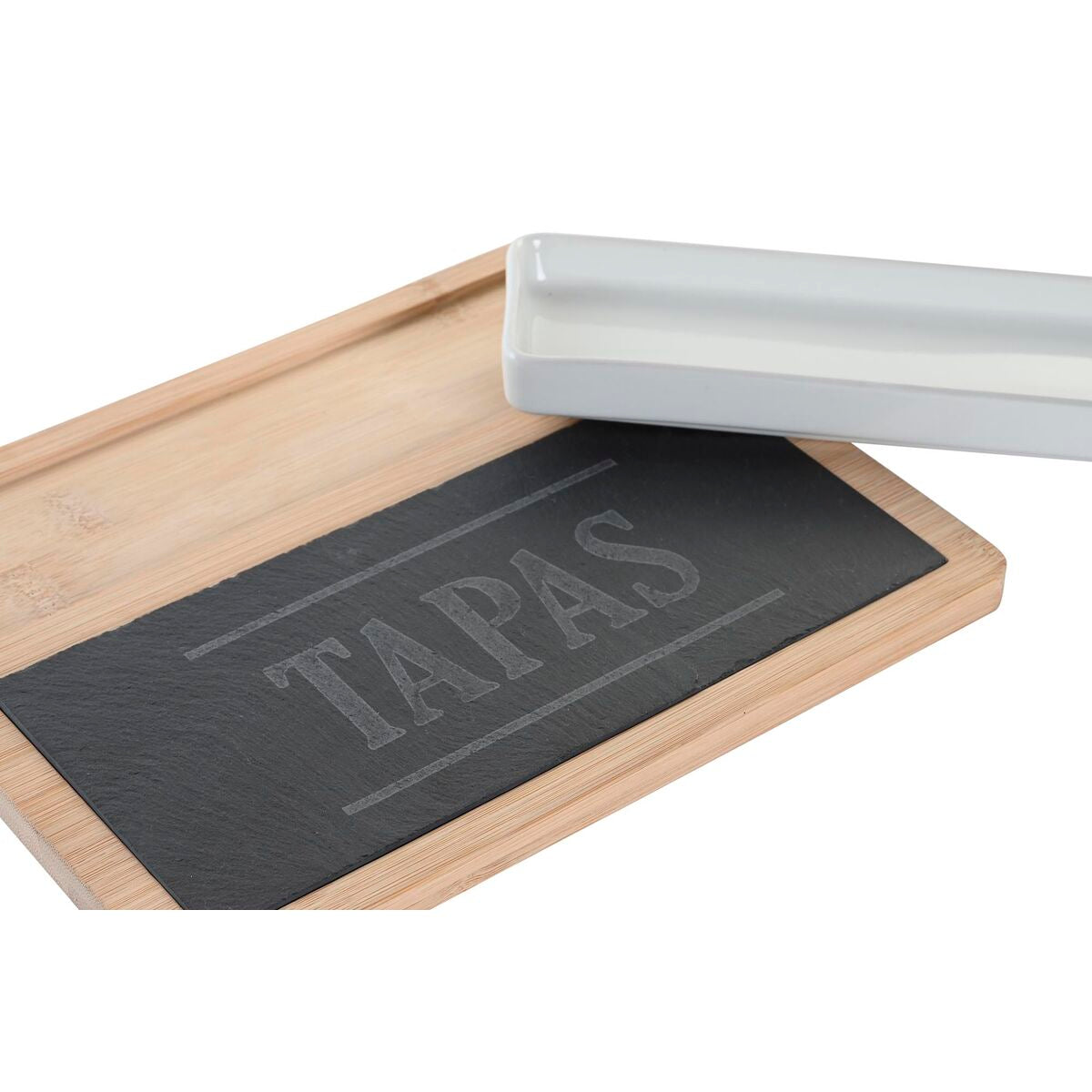 Tapas tarjotin liuskakivellä 24 x 7 x 2,5 cm, bambu alkuruokasetti, keraamiikka