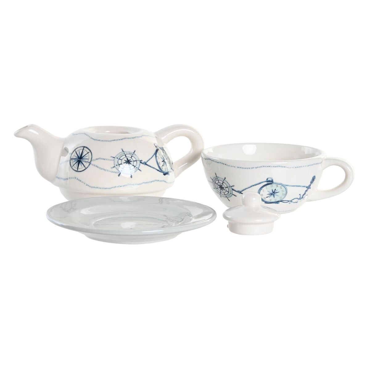 Teeastiasto 750 ml dolomiitti, sinivalkoinen 3 osaa - teekannu, kuppi, lautanen