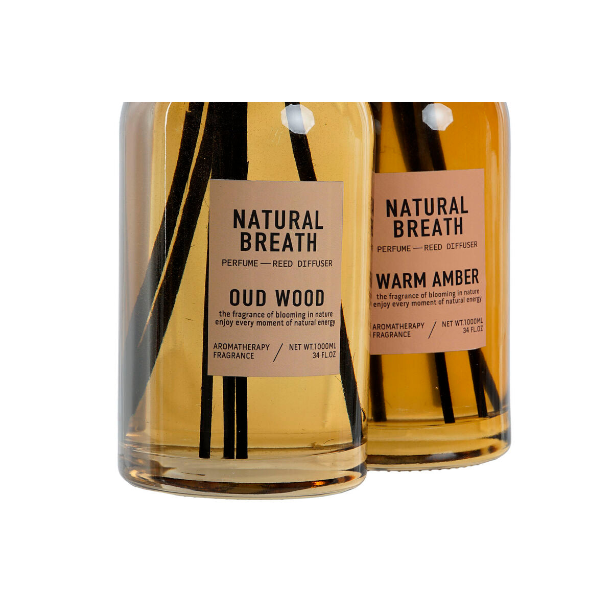 Tuoksudiffuuseri 1 l, 2 kpl - lasipullo & tuoksutikut, warm amber ja oud wood