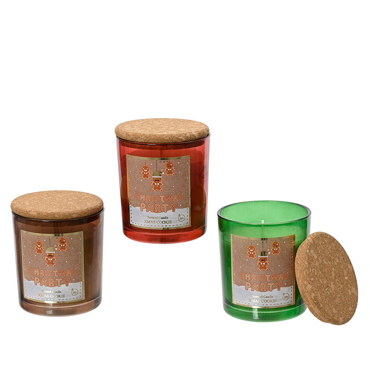 Kynttilä tuoksuva 3 h, kolmen värin lasipurkissa korkkikansi, joulukeksi