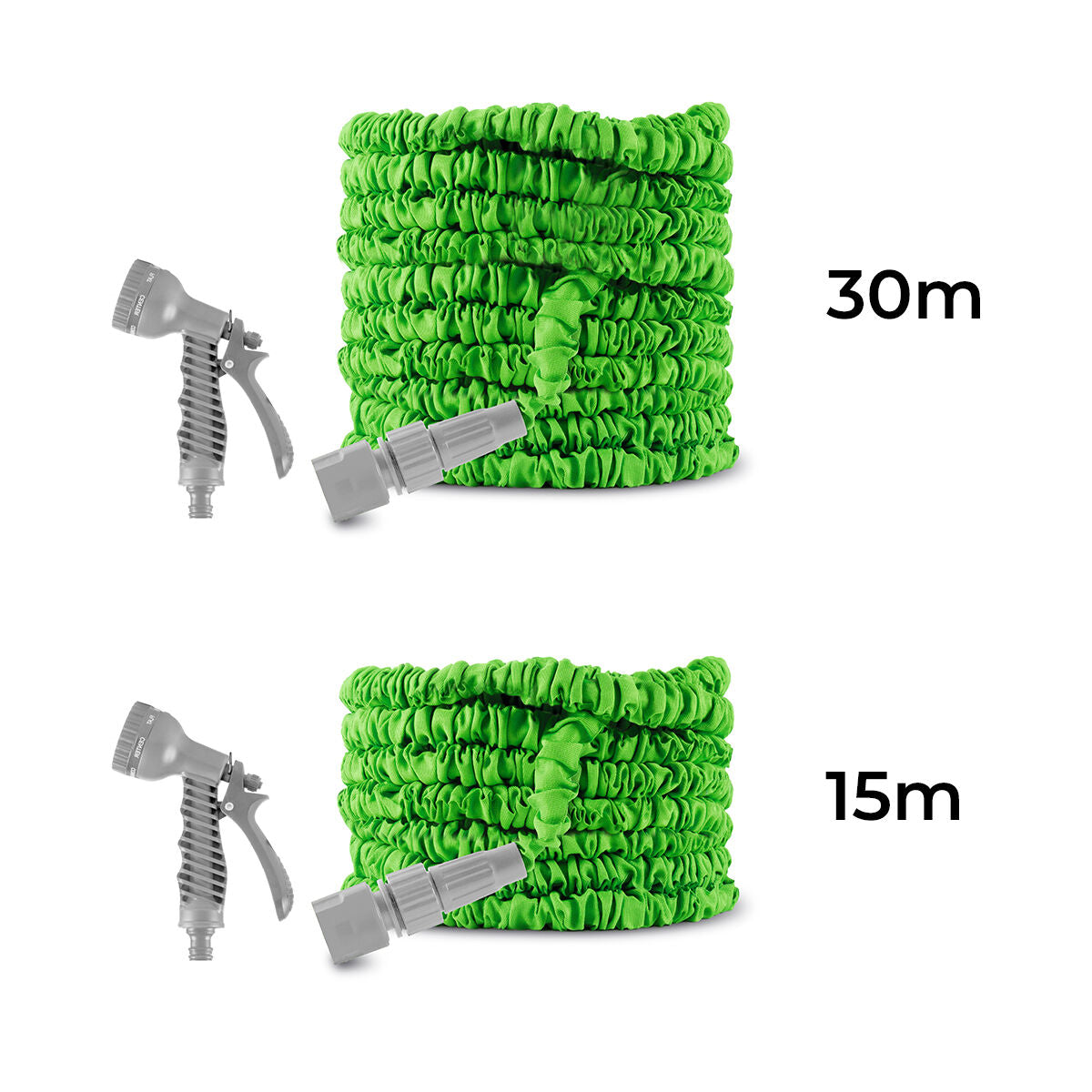 Venyvä puutarhaletku 15 m, 7-suutin suihkupistooli, mukana kantopussi, Ø5 cm
