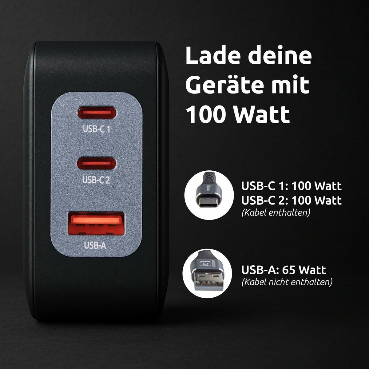 100 W USB-C GaN seinälaturi PD, 3-porttinen (2×USB-C + USB-A), lataus, musta