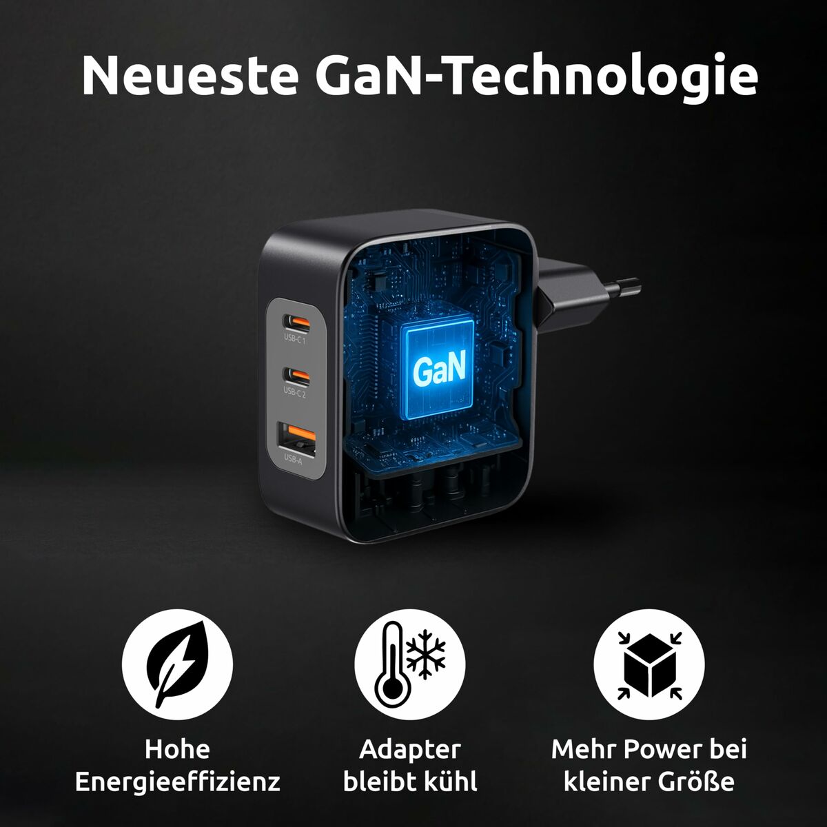 100 W USB-C GaN seinälaturi PD, 3-porttinen (2×USB-C + USB-A), lataus, musta