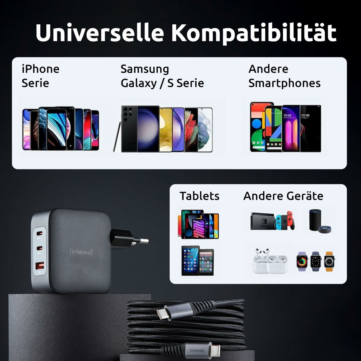 100 W USB-C GaN seinälaturi PD, 3-porttinen (2×USB-C + USB-A), lataus, musta