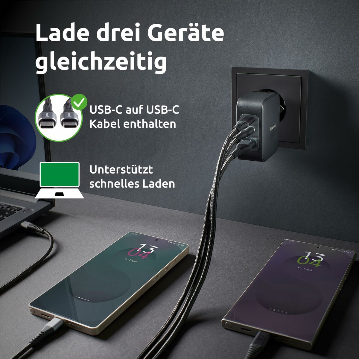 100 W USB-C GaN seinälaturi PD, 3-porttinen (2×USB-C + USB-A), lataus, musta