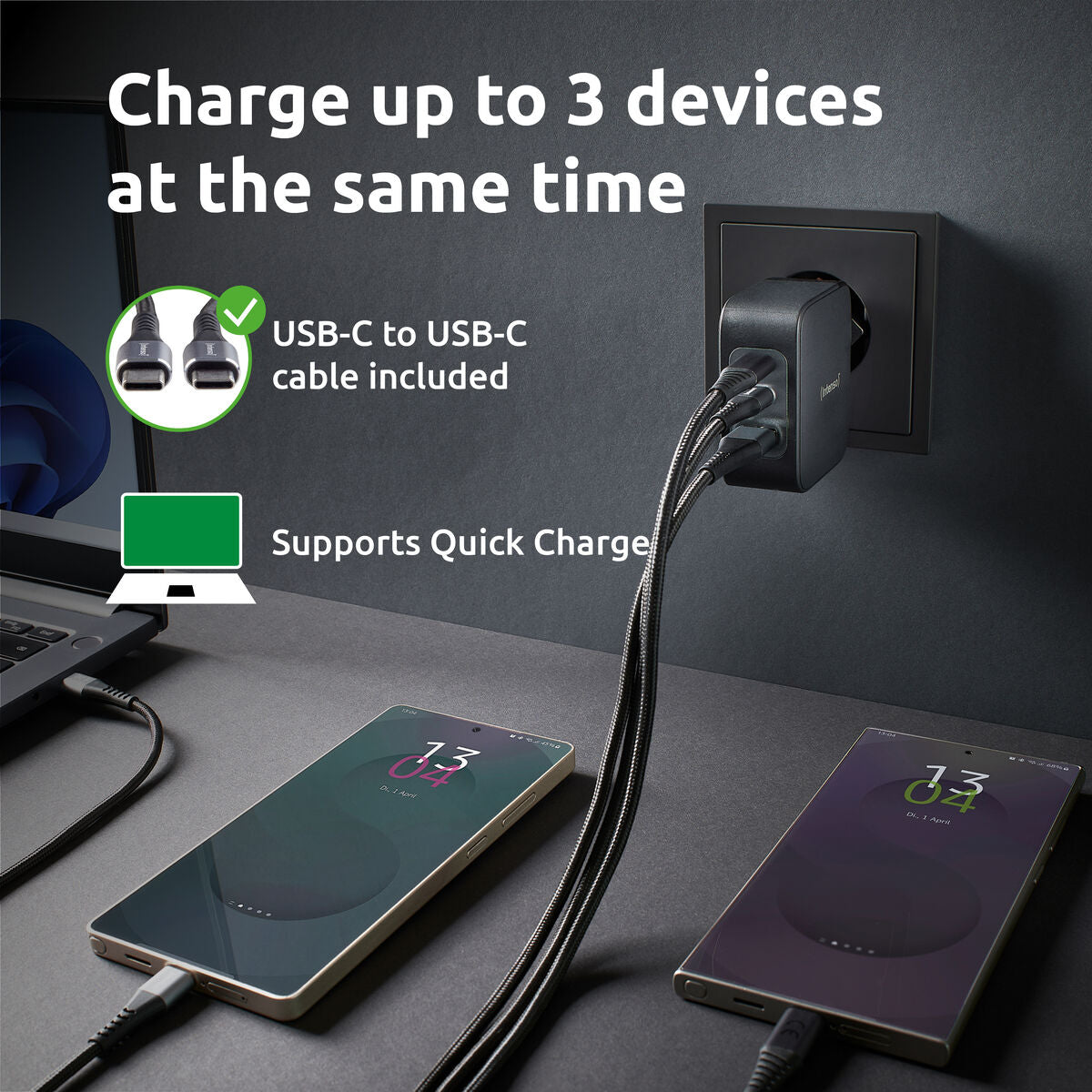 100 W USB-C GaN seinälaturi PD, 3-porttinen (2×USB-C + USB-A), lataus, musta