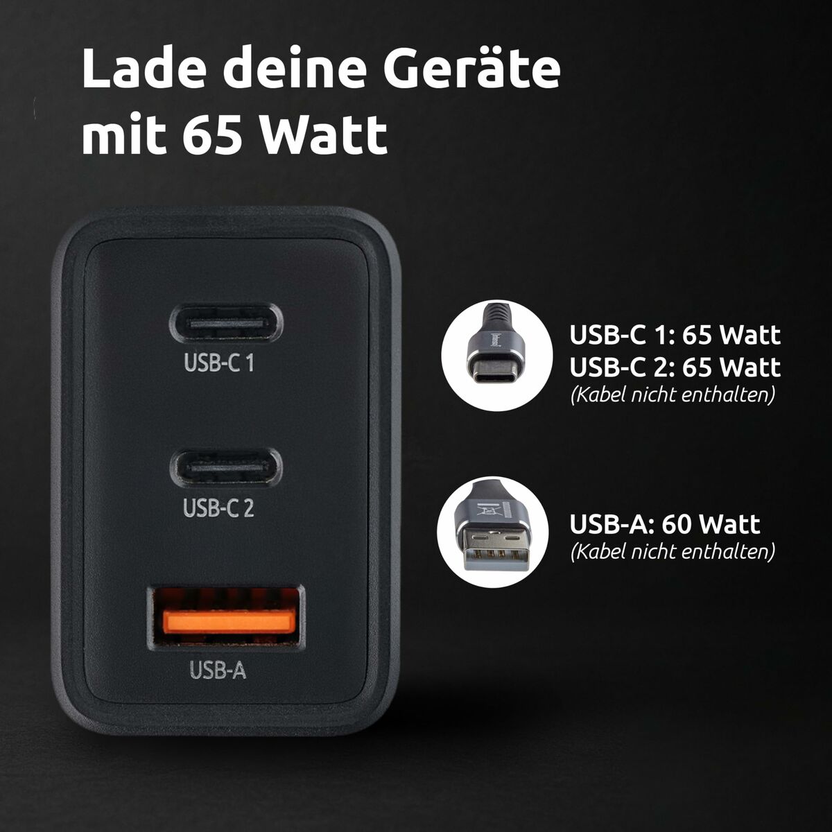 65 W USB-C seinälaturi, 3-porttinen EU-pistoke – älypuhelimille & kannettaville