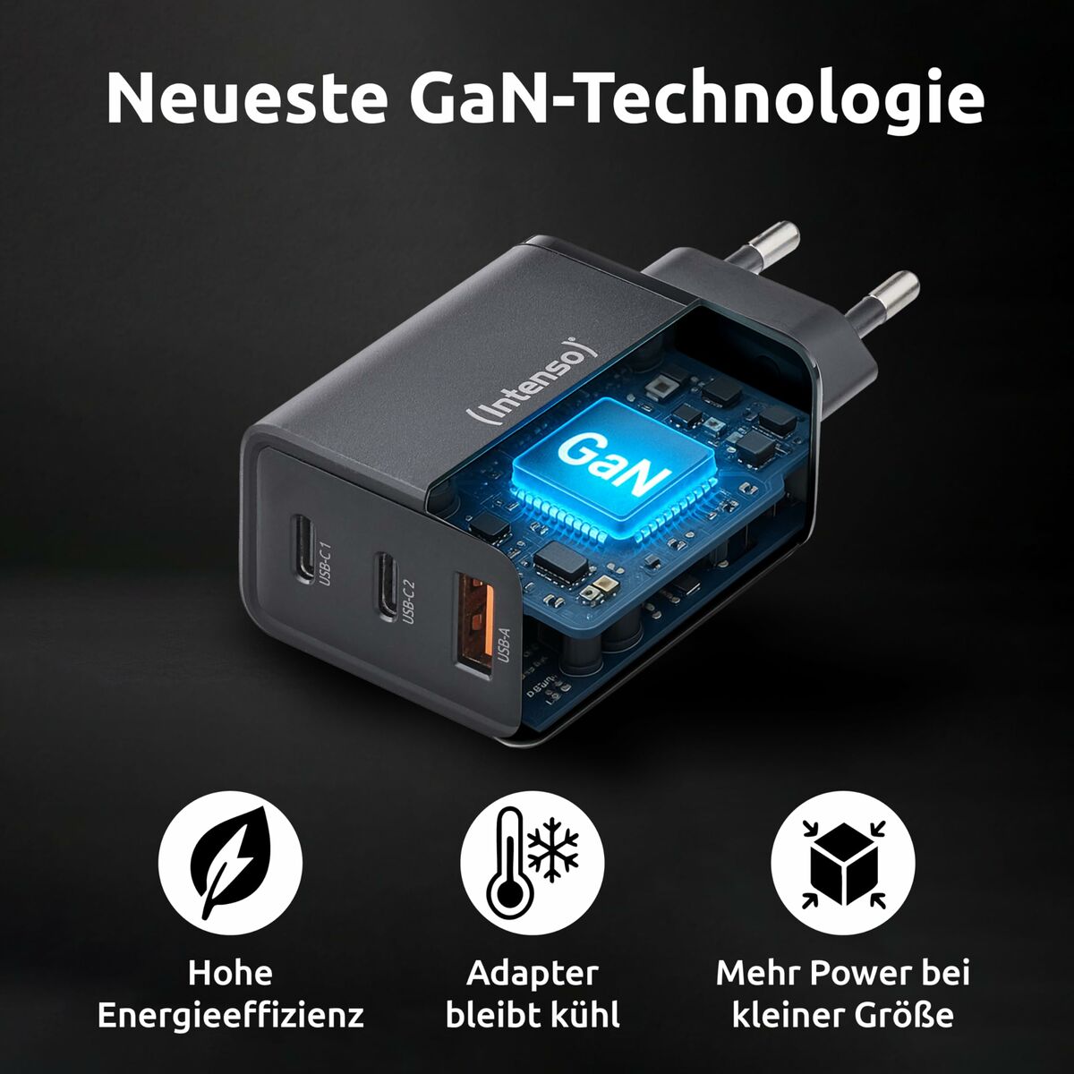 65 W USB-C seinälaturi, 3-porttinen EU-pistoke – älypuhelimille & kannettaville