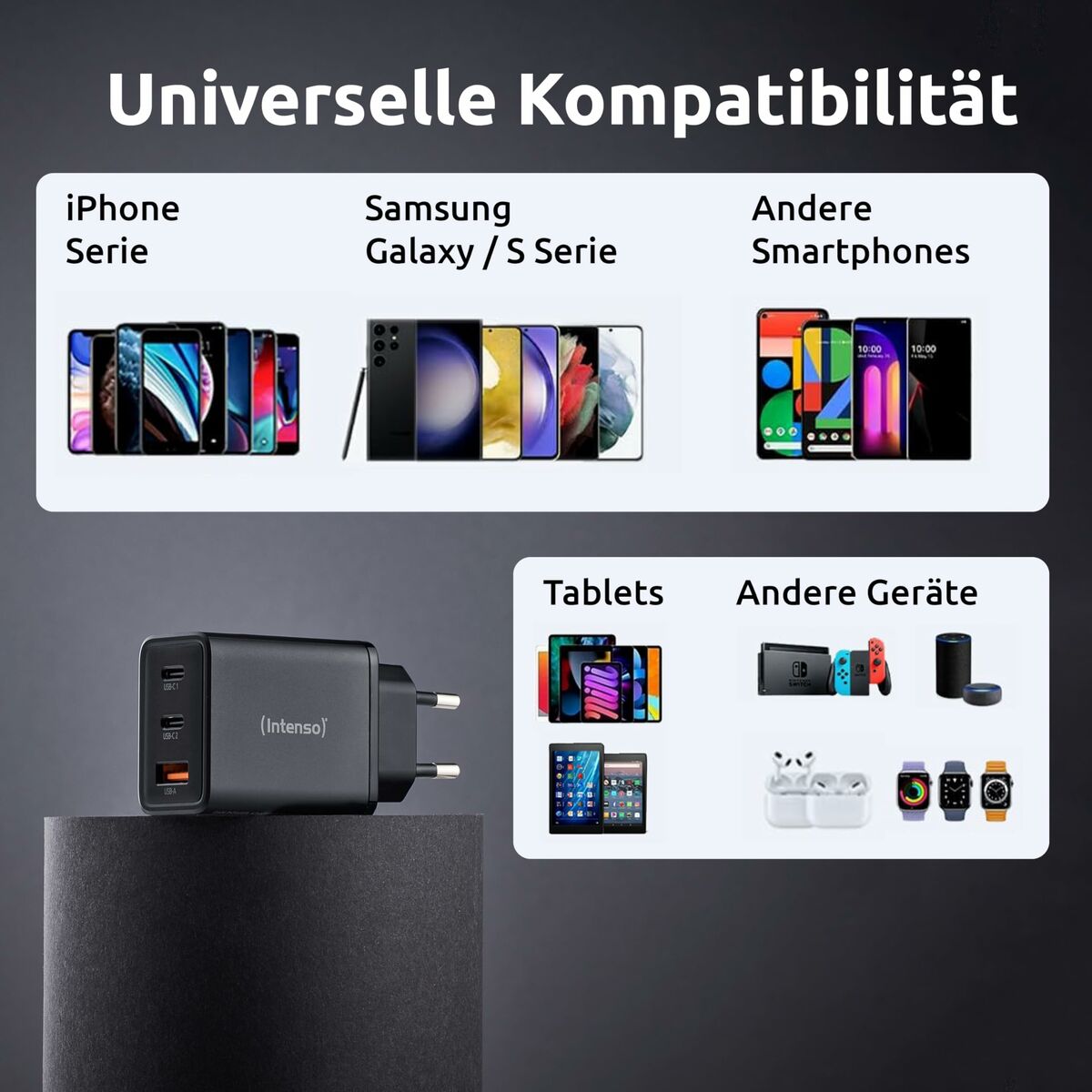 65 W USB-C seinälaturi, 3-porttinen EU-pistoke – älypuhelimille & kannettaville