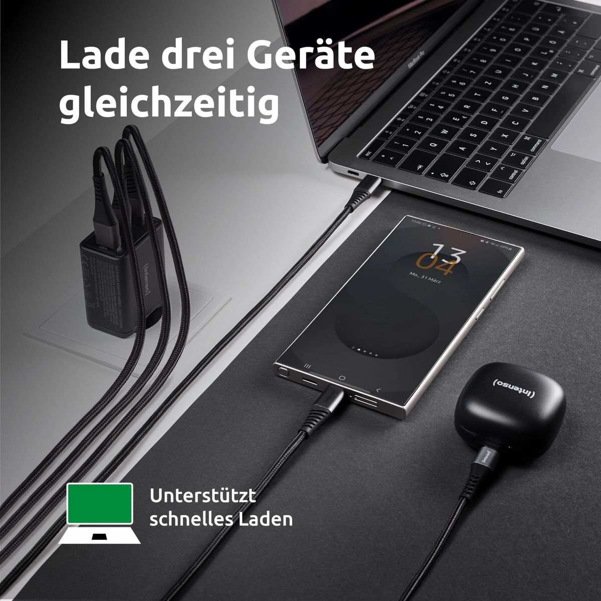 65 W USB-C seinälaturi, 3-porttinen EU-pistoke – älypuhelimille & kannettaville
