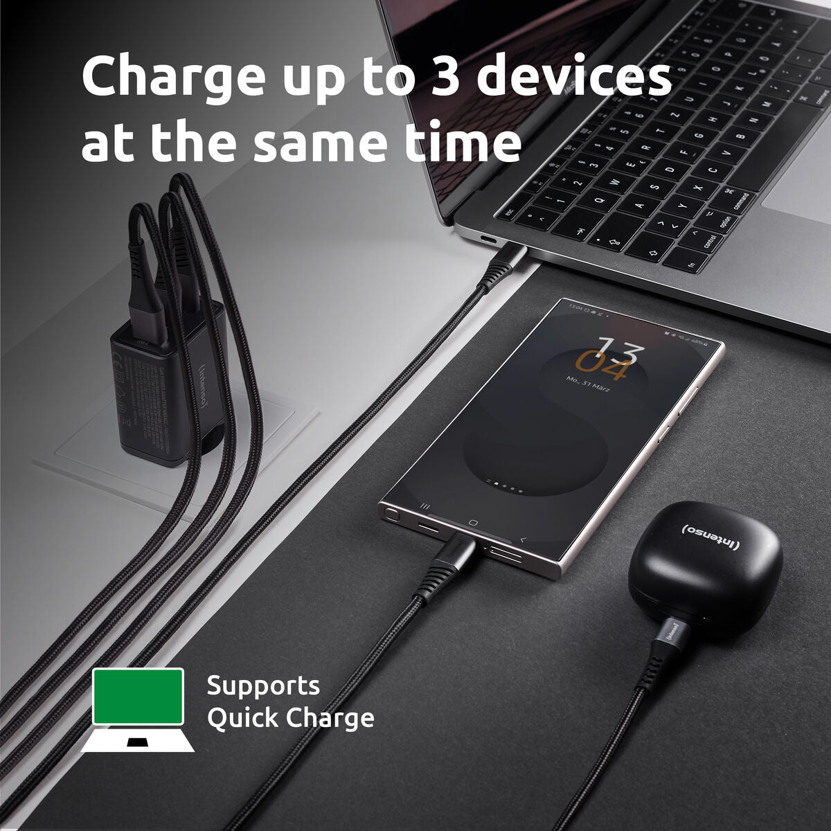 65 W USB-C seinälaturi, 3-porttinen EU-pistoke – älypuhelimille & kannettaville