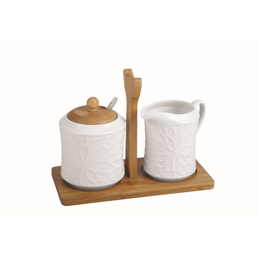 Sokeriastia posliini valkoinen, bambukansi, reliefipinta 19,5 x 9 x 17 cm, 2 kpl – sokeriastia keittiötarvike – kuva 1