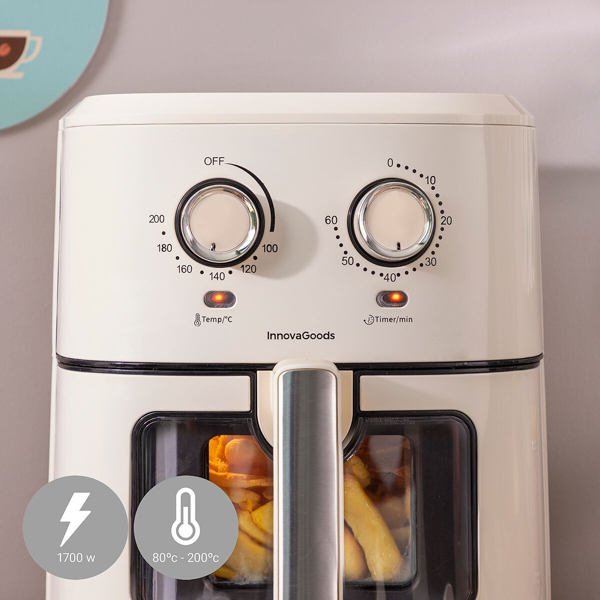 Vintager Airfryer 6,5 L 1700 W retro kiertoilmauuni 360° ajastin, kerma – airfryer lahja kotiin – kuva 3