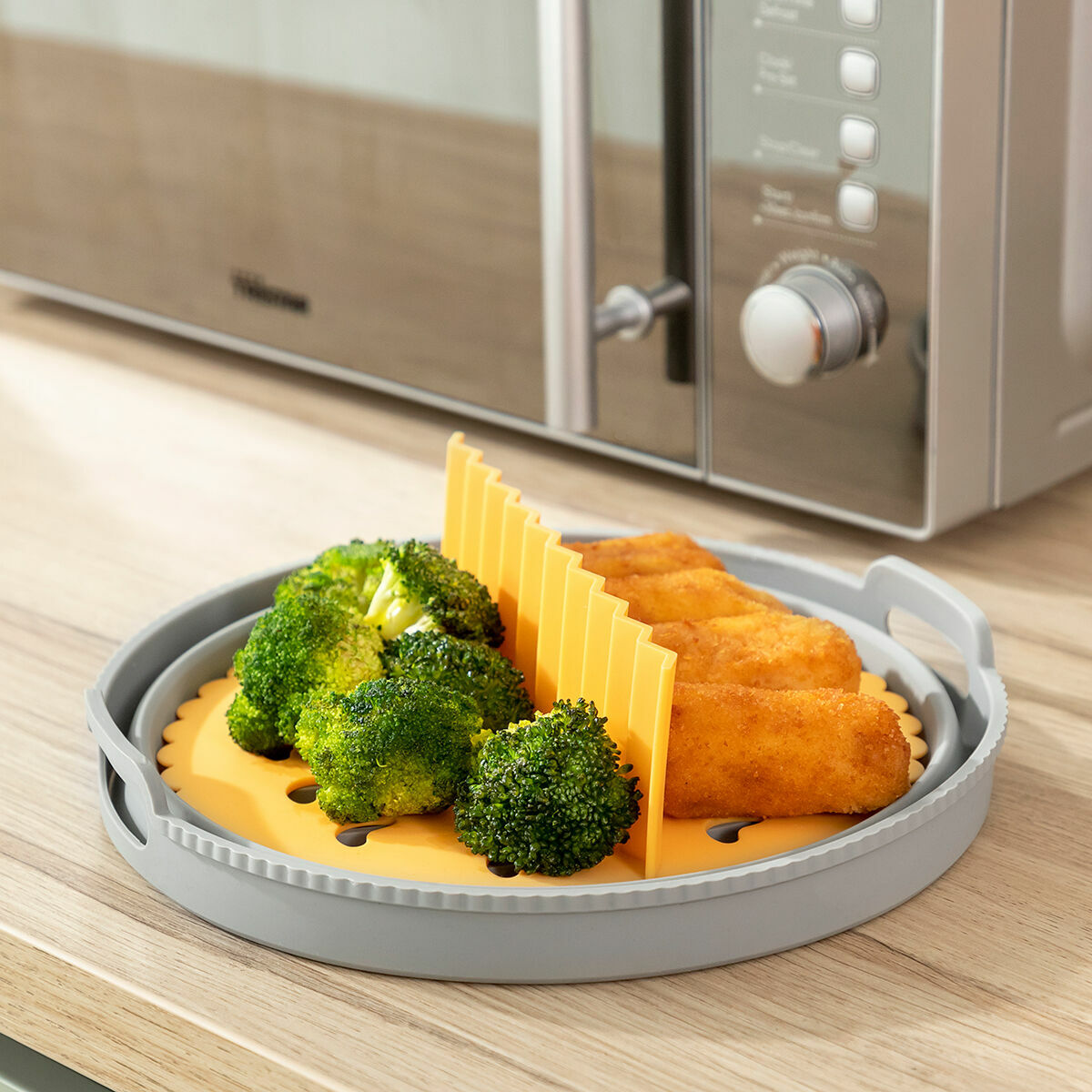 Airfryer silikonivuoka jakajalla, taittuva Ø21,5 cm, uuni & mikro, BPA-vapaa – keittiötarvike mikroaaltouuniin sopiva – ku…