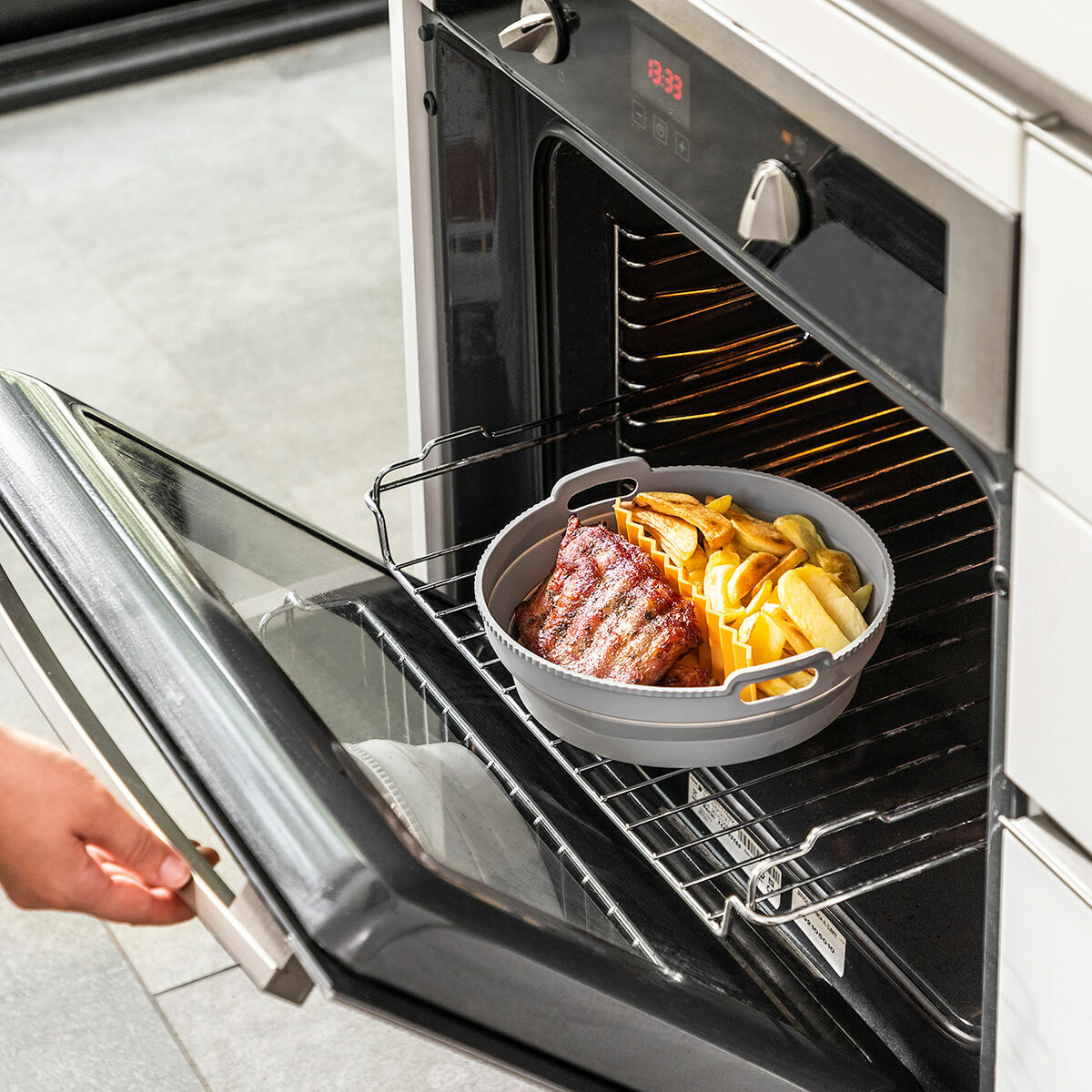 Airfryer silikonivuoka jakajalla, taittuva Ø21,5 cm, uuni & mikro, BPA-vapaa – uuniin sopiva mikroaaltouuniin sopiva – kuva 9