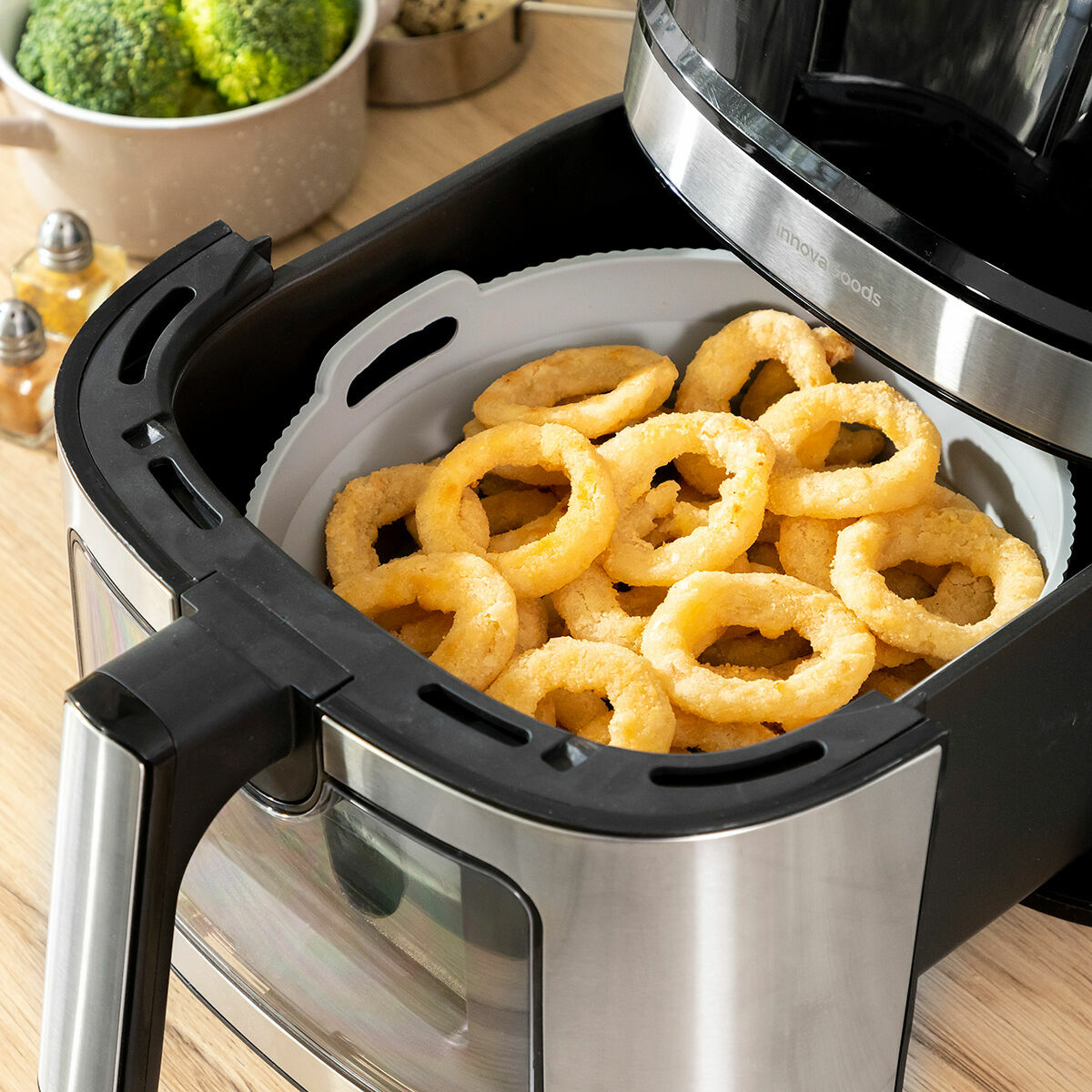 Airfryer silikonivuoka jakajalla, taittuva Ø21,5 cm, uuni & mikro, BPA-vapaa – mikroaaltouuniin sopiva uuniin sopiva – kuv…