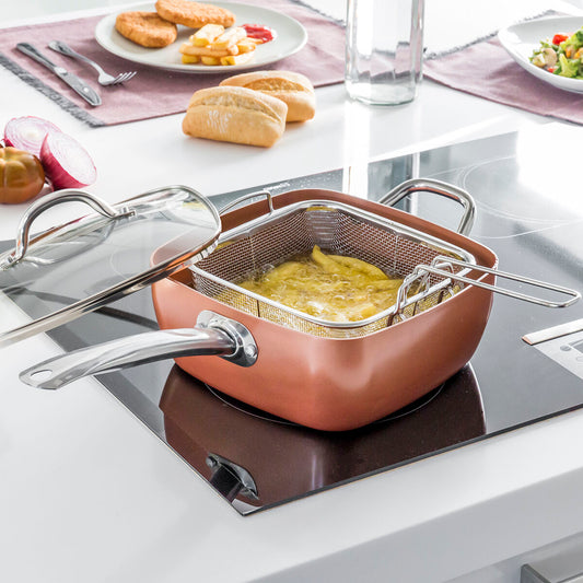 Kuparipintainen non-stick kattila - paisto- ja frittaussetti – friteerauskori astianpesukoneen kestävä – kuva 1
