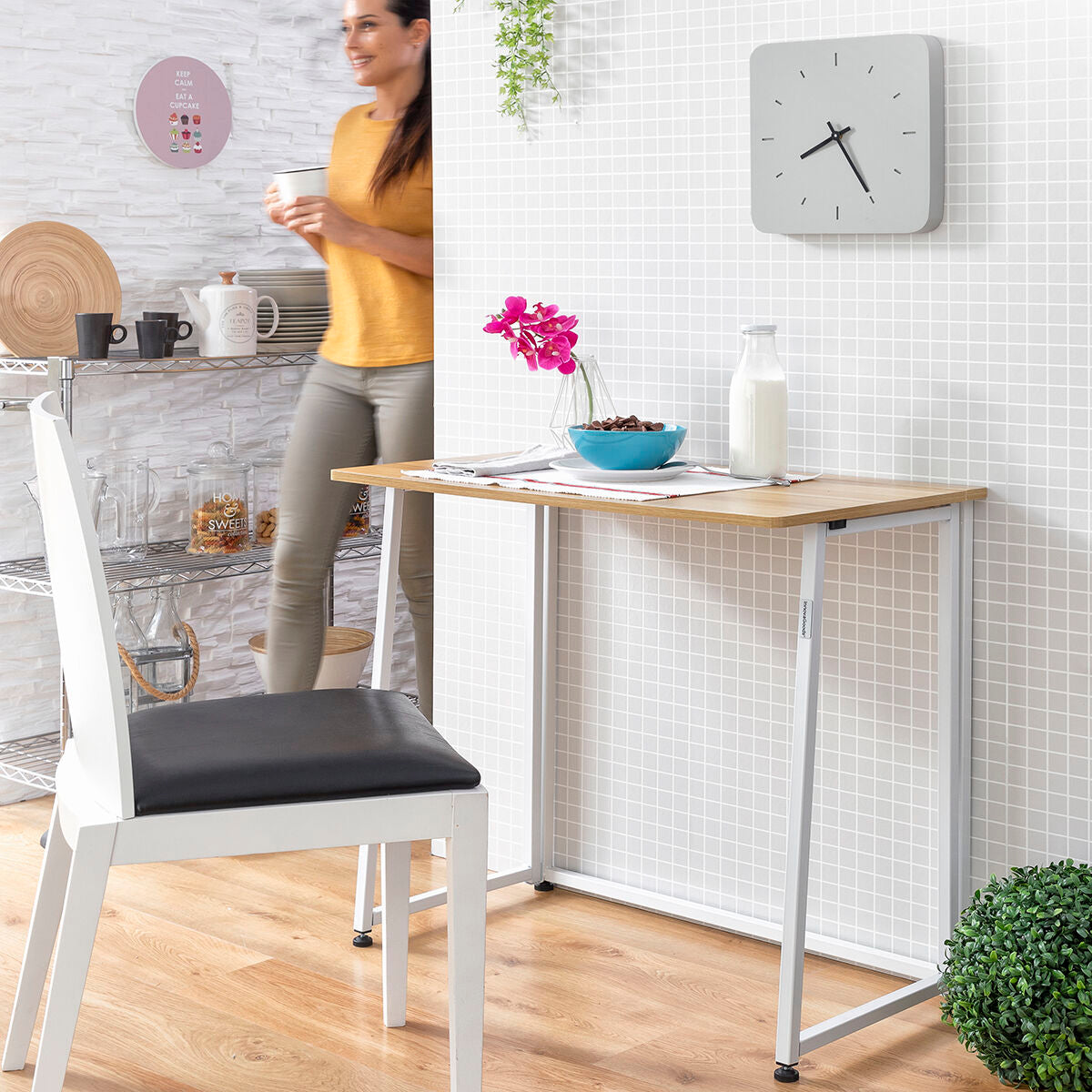 Taitettava työpöytä, tilaa säästävä, 80×75 cm, pieneen tilaan, 50 kg kantava – valkoinen pöytä säädettävät jalat – kuva 6