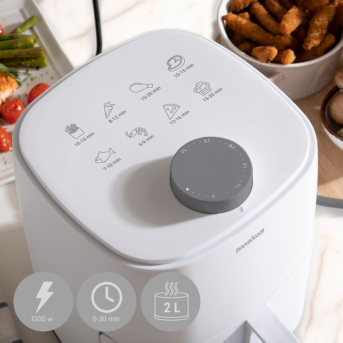 Airfryer 2 L, 1200 W - öljytön airfryer pieniin keittiöihin 360°, valkoinen