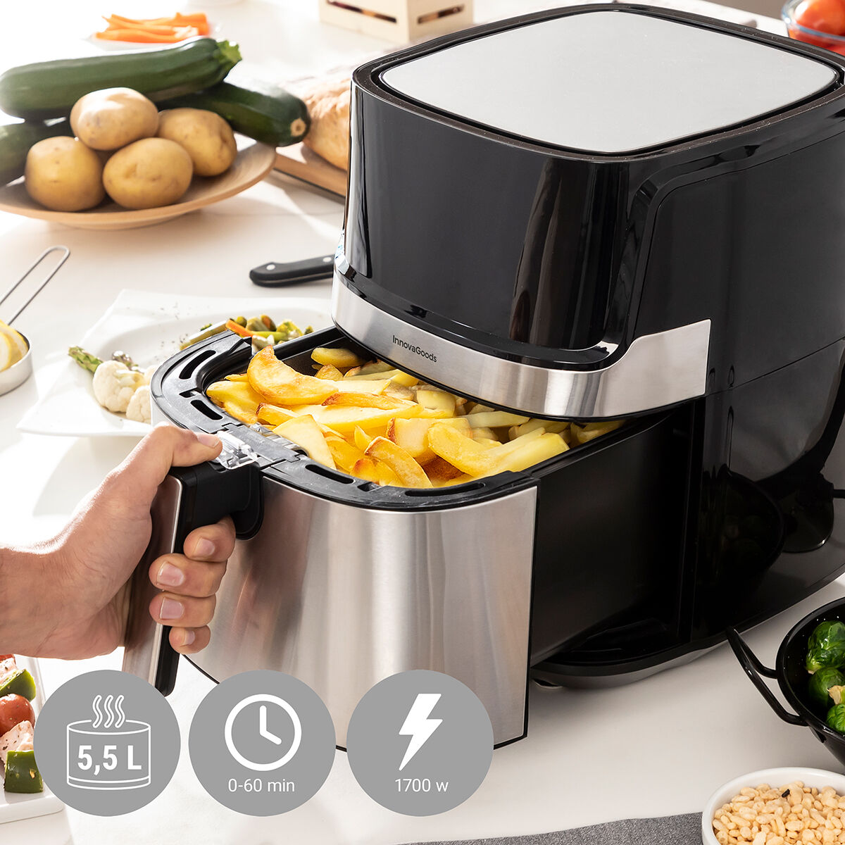 Airfryer 5,5 L 1700 W öljytön, 360° kiertoilma, 8 ohjelmaa, digipaneeli, rst