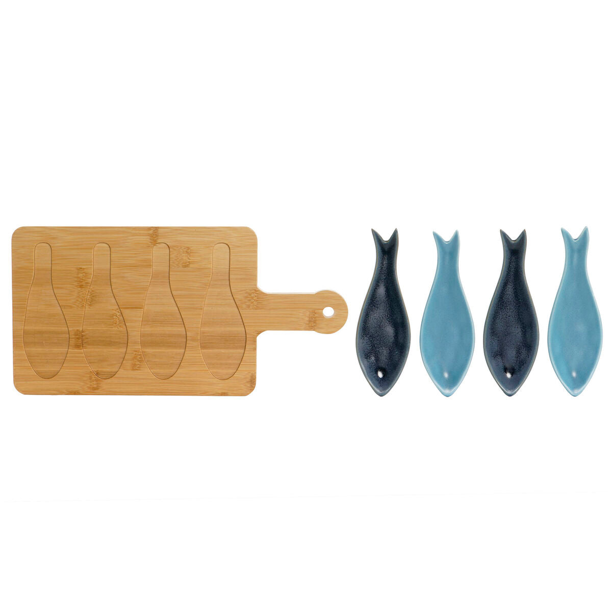 Alkuruokasetti 5-osainen, bambu & posliini, sinivihreä kala 36 x 18 x 1,3 cm