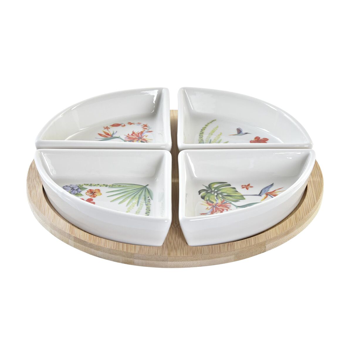 Alkuruokasetti 5-osainen, bambualusta & keramiikka, trooppinen tarjoiluun 21,5 cm
