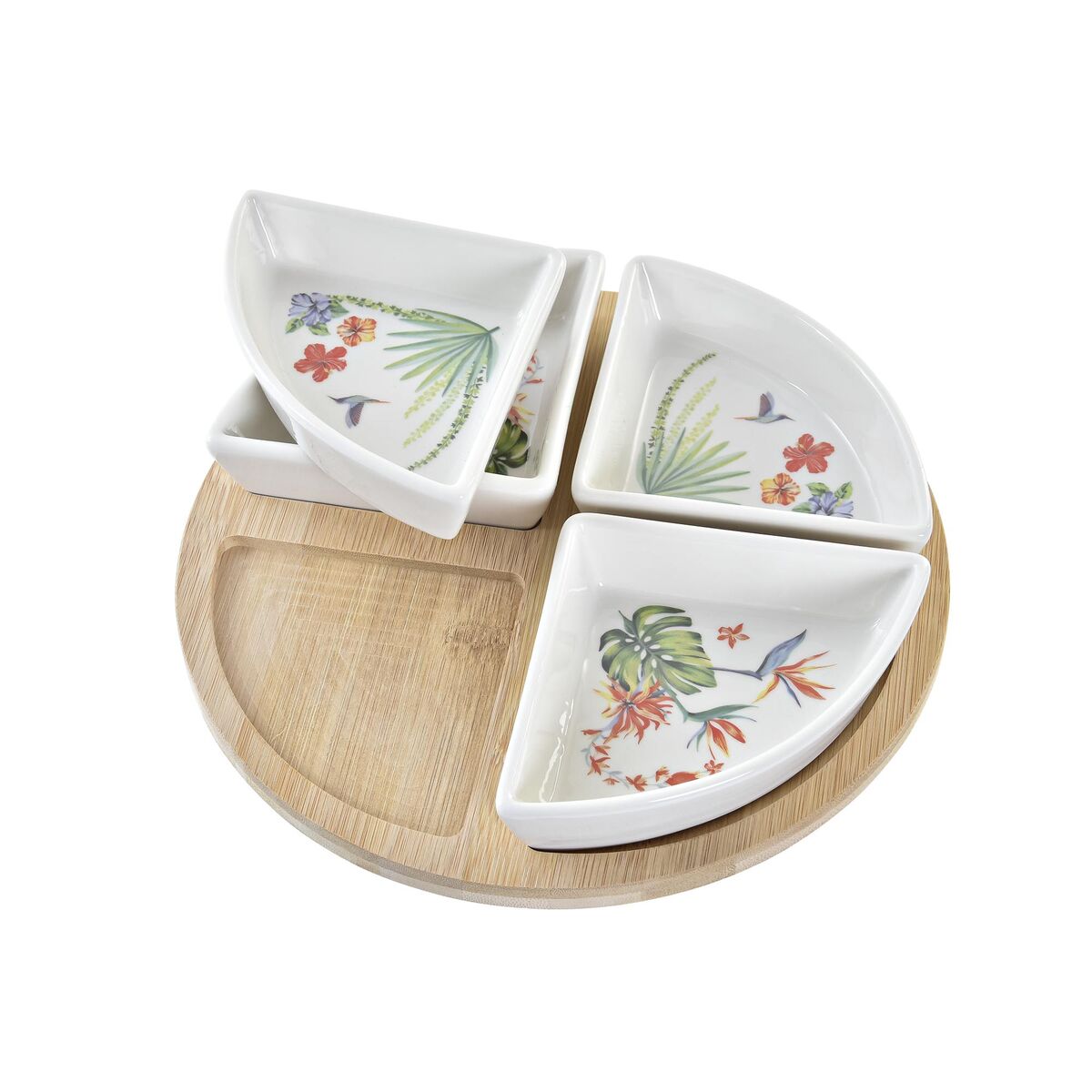 Alkuruokasetti 5-osainen, bambualusta & keramiikka, trooppinen tarjoiluun 21,5 cm