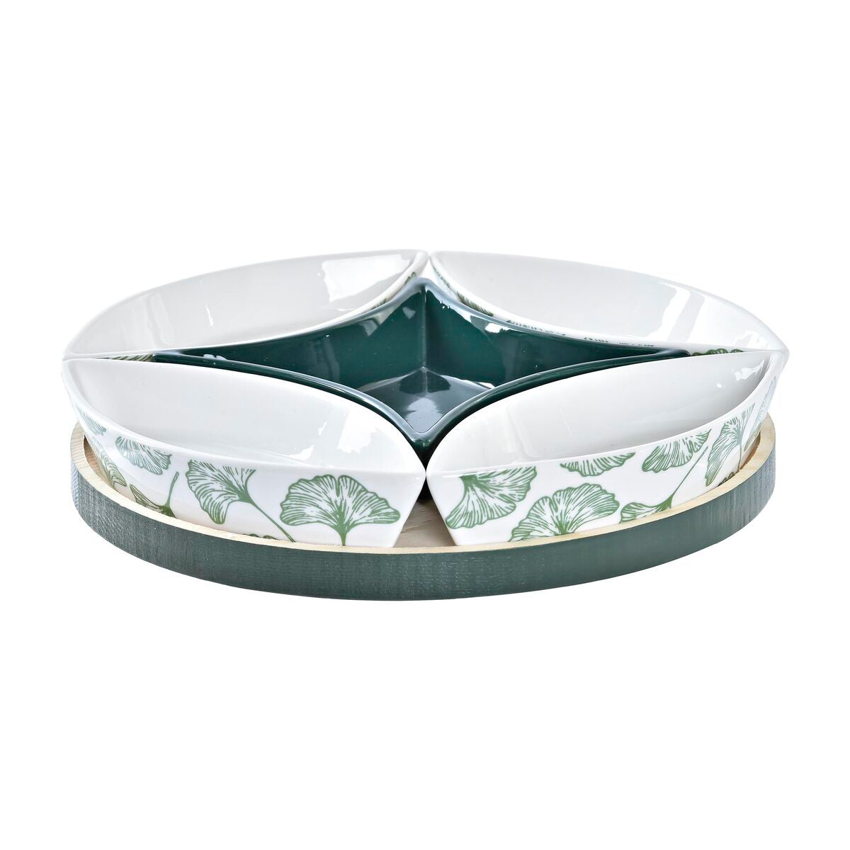 Alkuruokasetti keramiikka 6-osainen, puualustalla 22 x 22 x 1 cm, vihreä-valkoinen