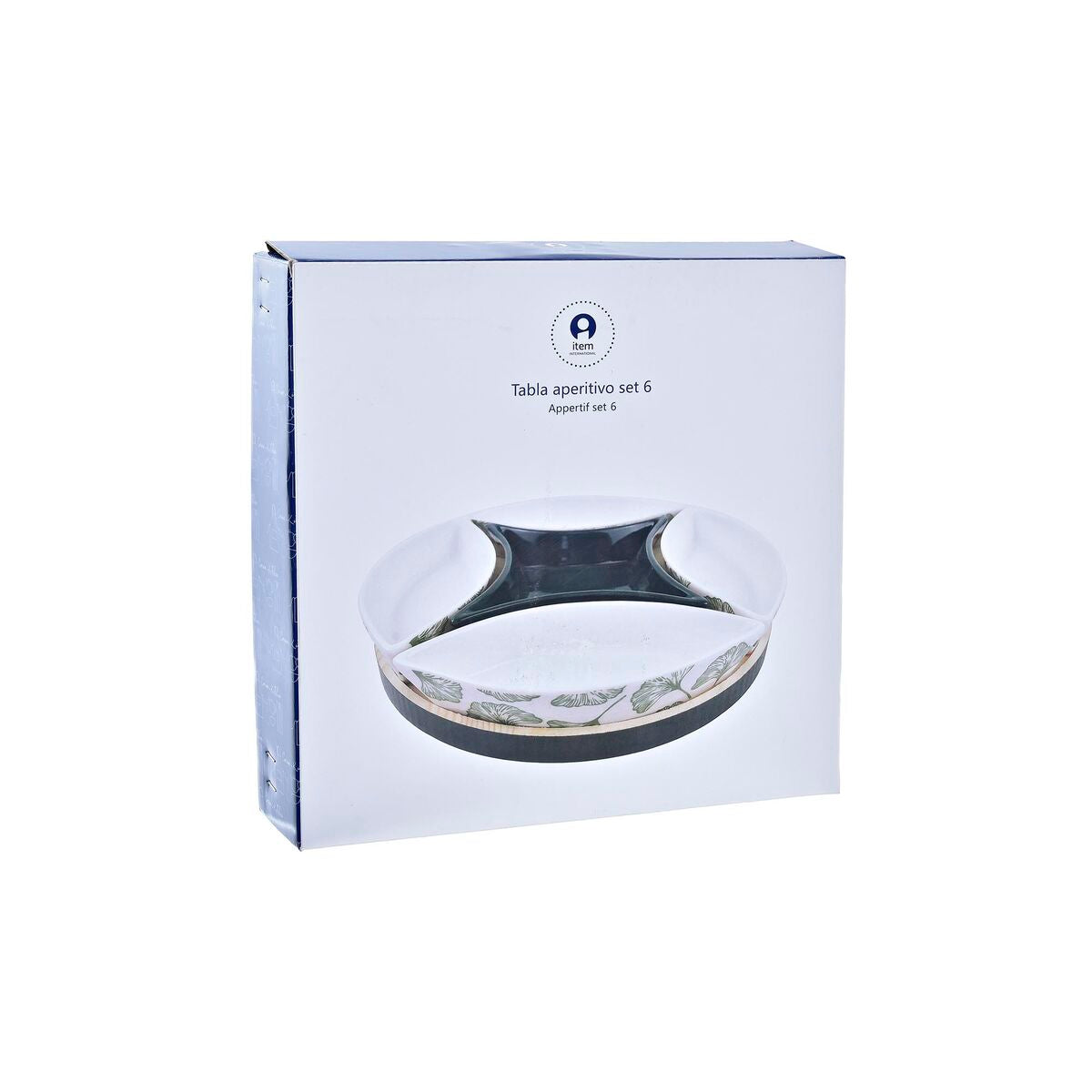 Alkuruokasetti keramiikka 6-osainen, puualustalla 22 x 22 x 1 cm, vihreä-valkoinen