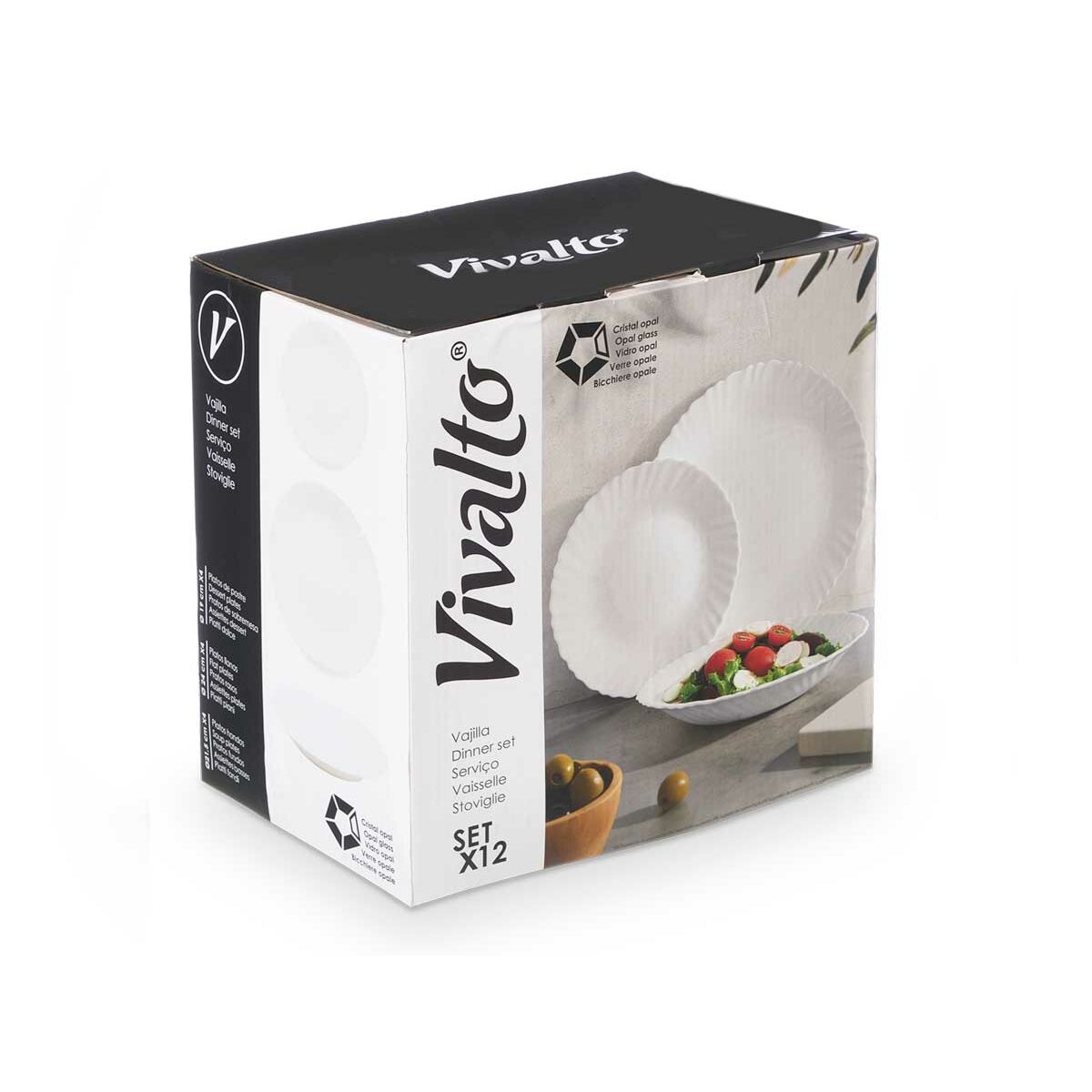 Astiasetti valkoinen opaliinilasi 12 osaa, lautaset 19/21,5/24 cm - 2 kpl