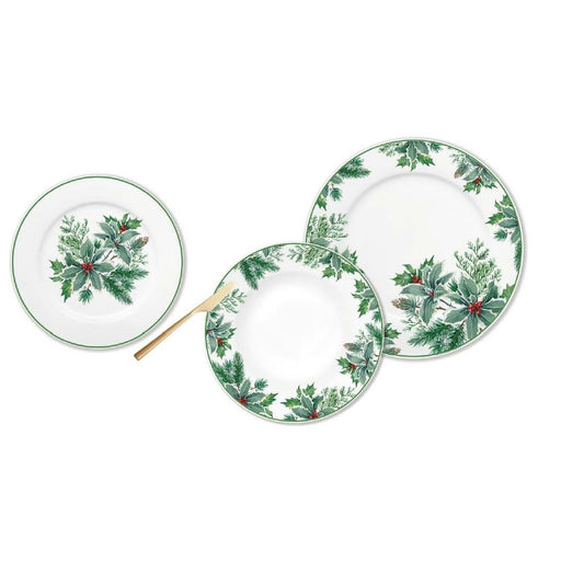 Astiasto 18 osaa posliini, joululehti-kuvio, valkoinen & vihreä 27 cm pöytään
