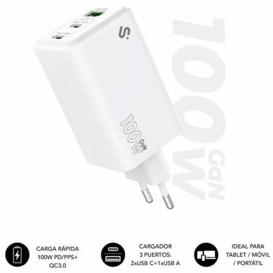 Autolaturi 100W, 3-porttinen 2xUSB-C + 1xUSB-A QC3.0, valkoinen matkalle Subblim