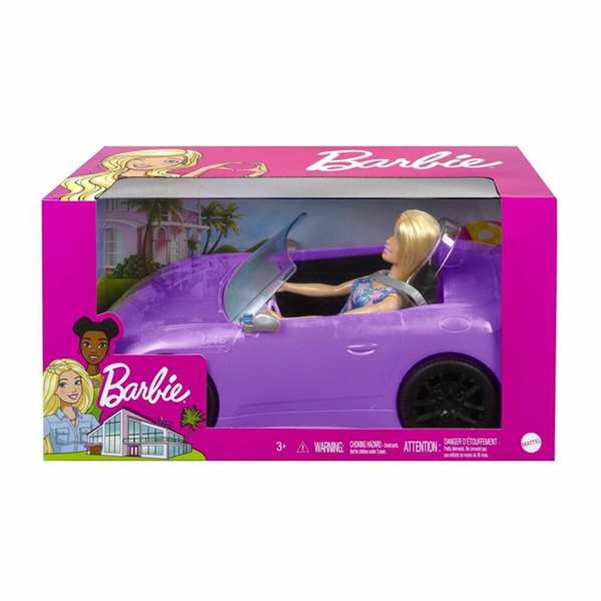 Barbie nukke ja violetti avoauto, leikkisetti lapsille 3+ v, asusteilla