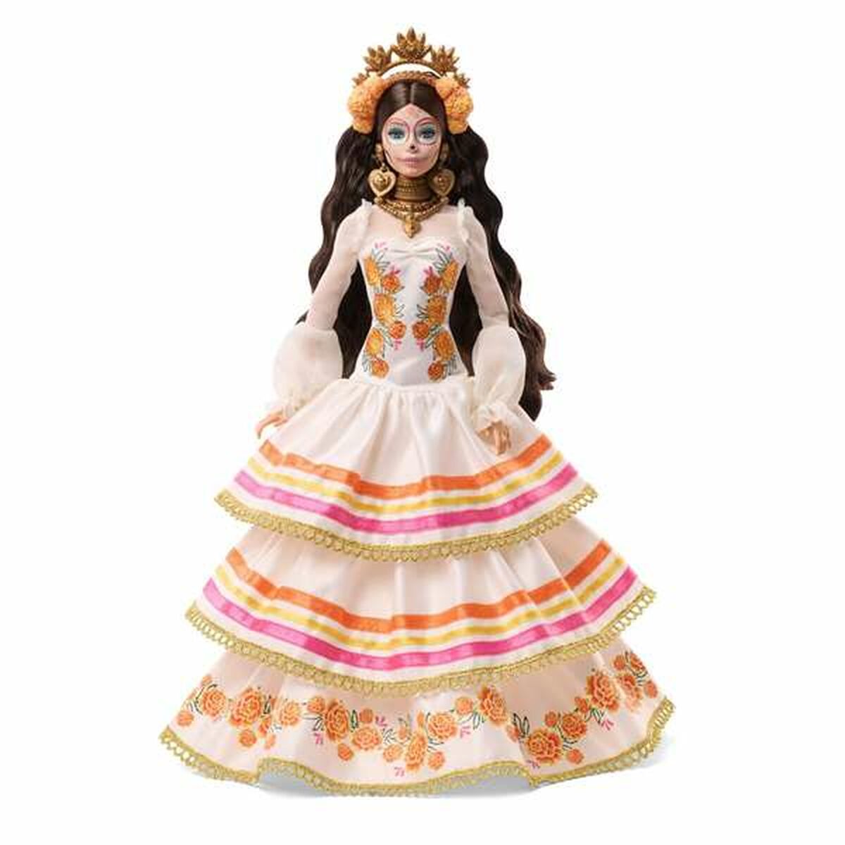 Barbie-nukke kuolleiden päivän asussa, valkoinen kerroksellinen mekko, 3+
