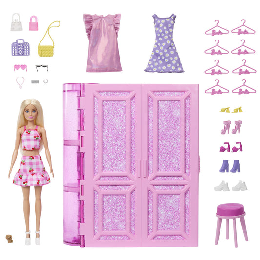 Barbie vaatekaappi nukelle - moniosainen unelmakomero, pieni, sis. asusteet 3+