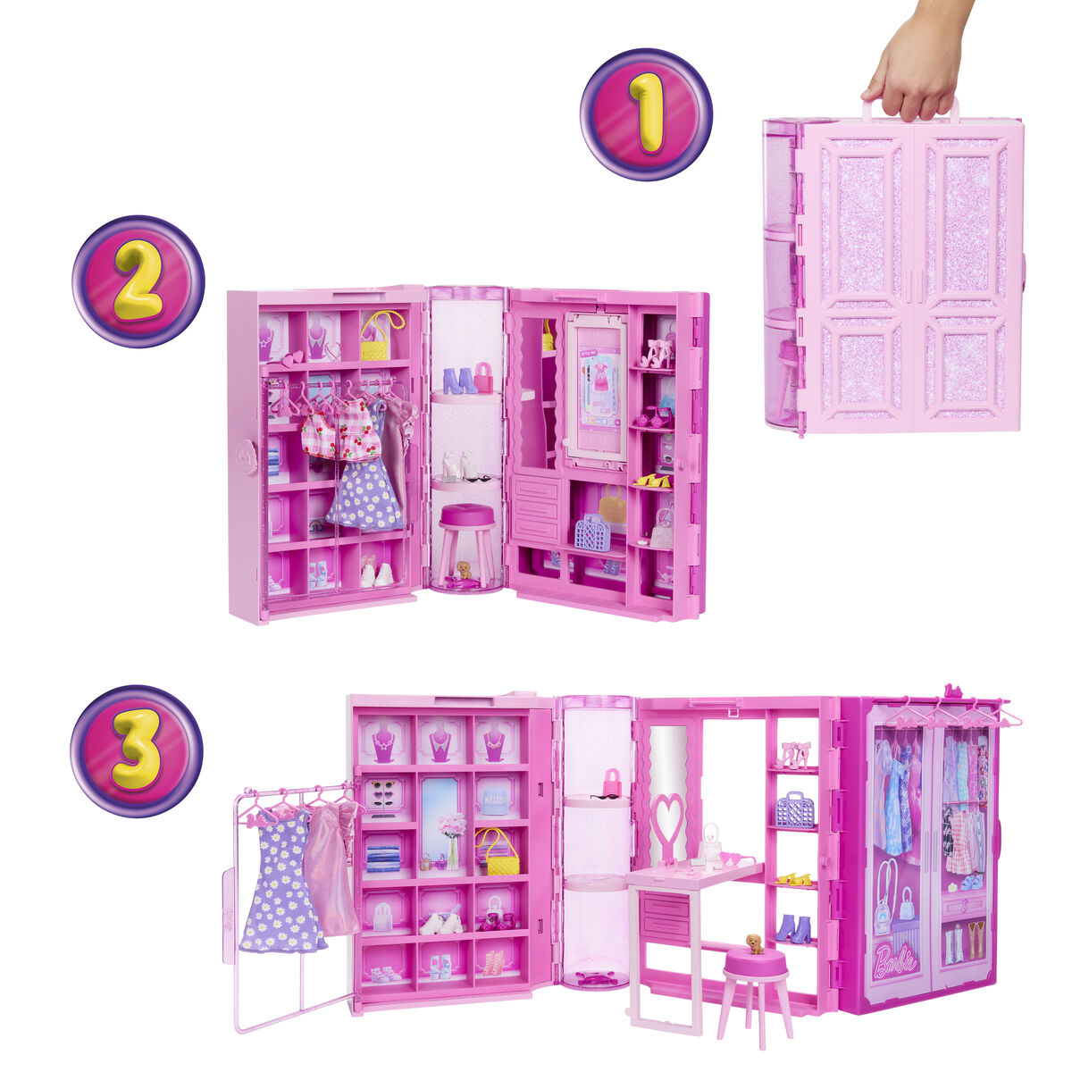 Barbie vaatekaappi nukelle - moniosainen unelmakomero, pieni, sis. asusteet 3+