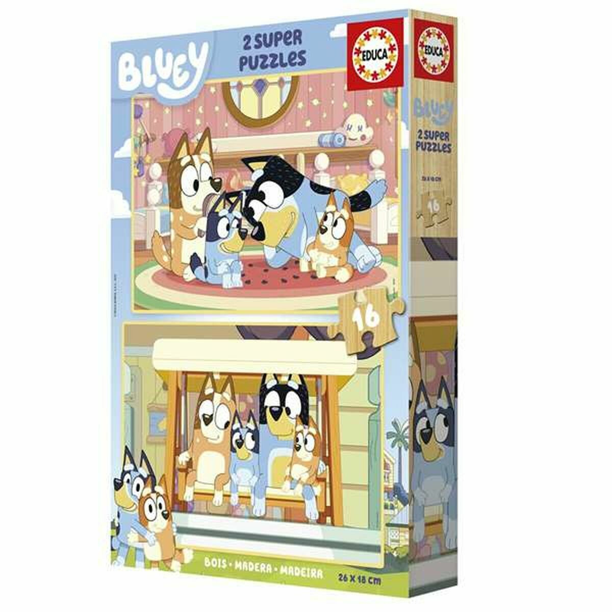 Bluey palapeli 2 kpl, 16 palaa, puinen lasten palapeli 3+ vuotta, 1-4 pelaajalle