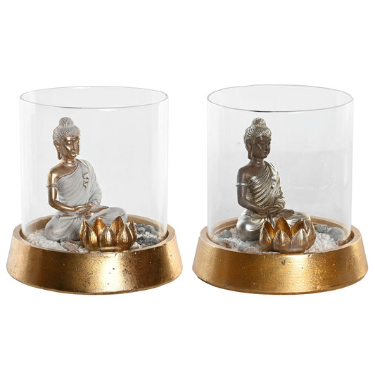 Buddha koristehahmo itämainen kullattu & hopea lasikuvulla 2 kpl, 16 x 16 x 18 cm