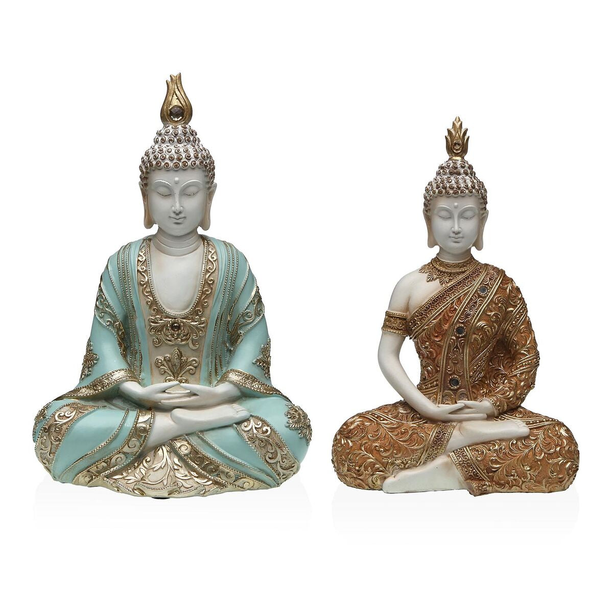 Buddha-patsas, kultainen resiini 8,5 x 26 x 17,5 cm - koristehahmo sisustukseen