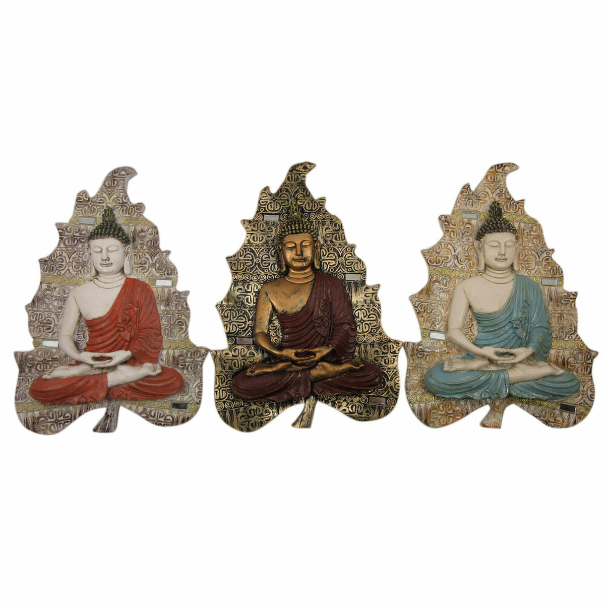 Buddha seinäkoriste 3 kpl - sininen, punainen & kullattu, 19×3,1×26,5 cm