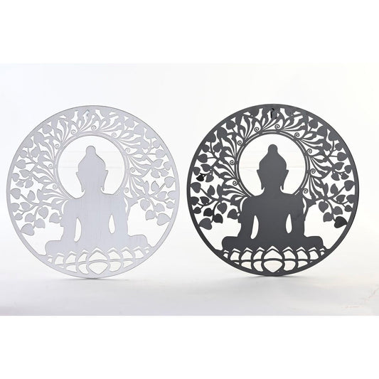 Buddha seinäkoriste metalli, lehtikuvio – 2 kpl Ø40 cm musta & valkoinen