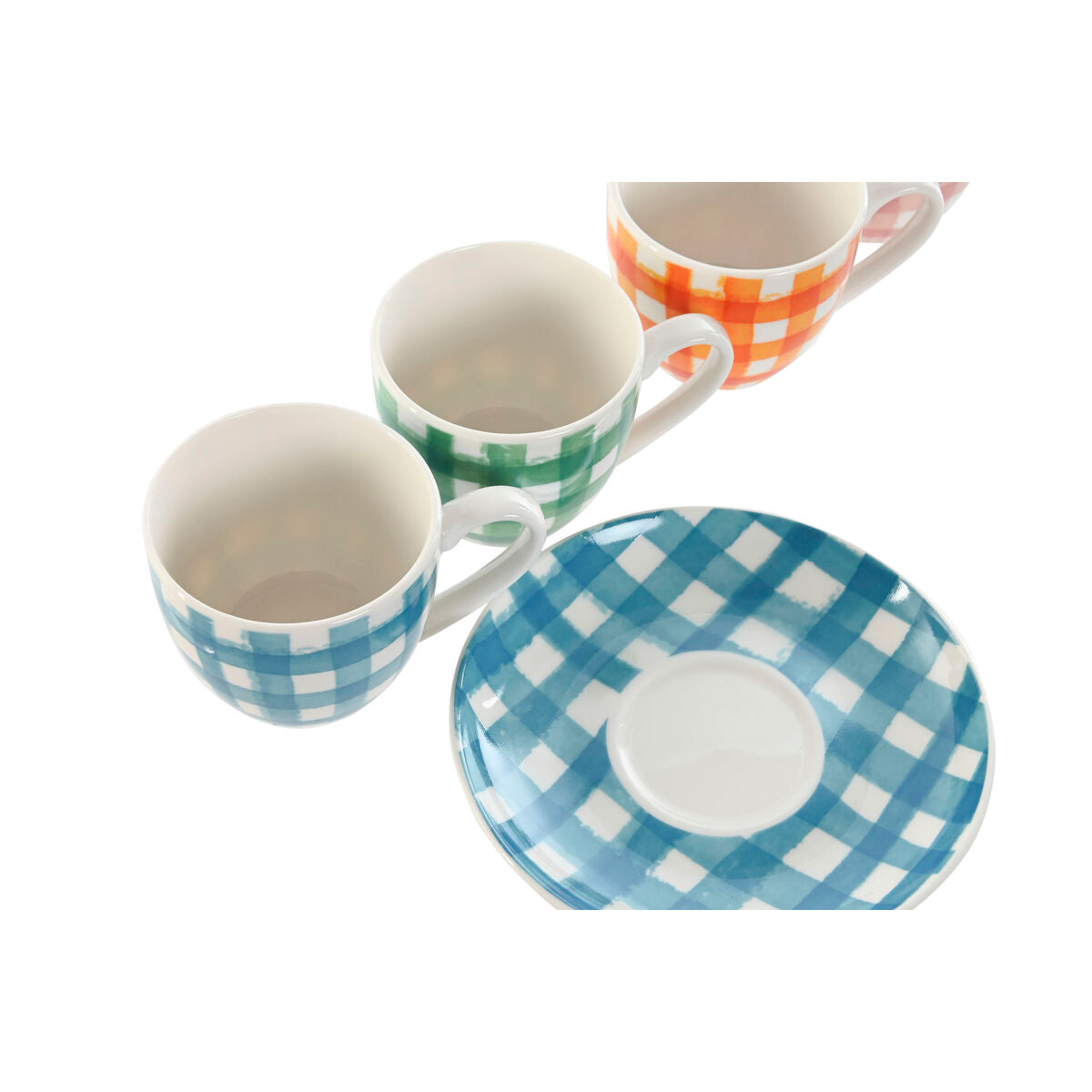 Espresso-kupit 90 ml, 6 kpl posliinia lautasilla, raidallinen värikäs setti