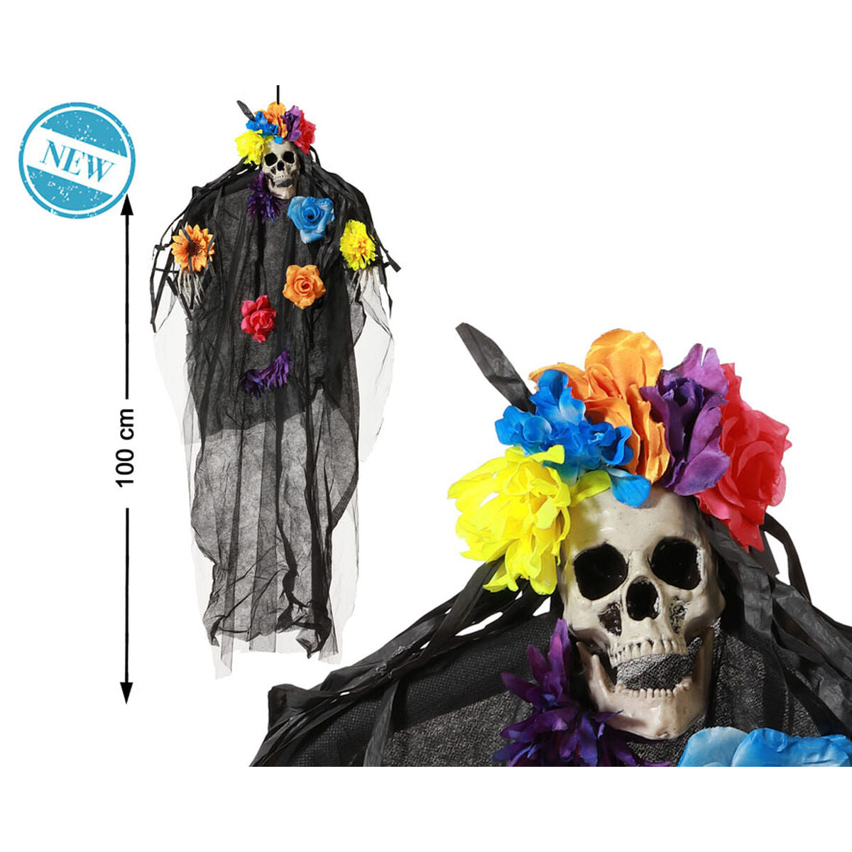 Halloween-koriste 100 cm, roikkuva meksikolainen nainen, kallo & kukkaseppele, juhliin