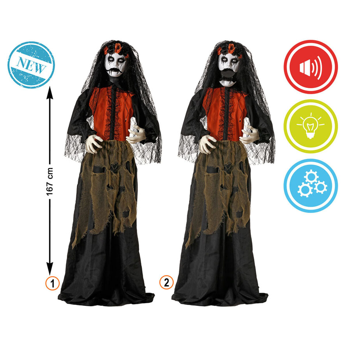 Halloween-koriste 167 cm, valo & ääni, liikkuva karmiva nukke, ääniefektit