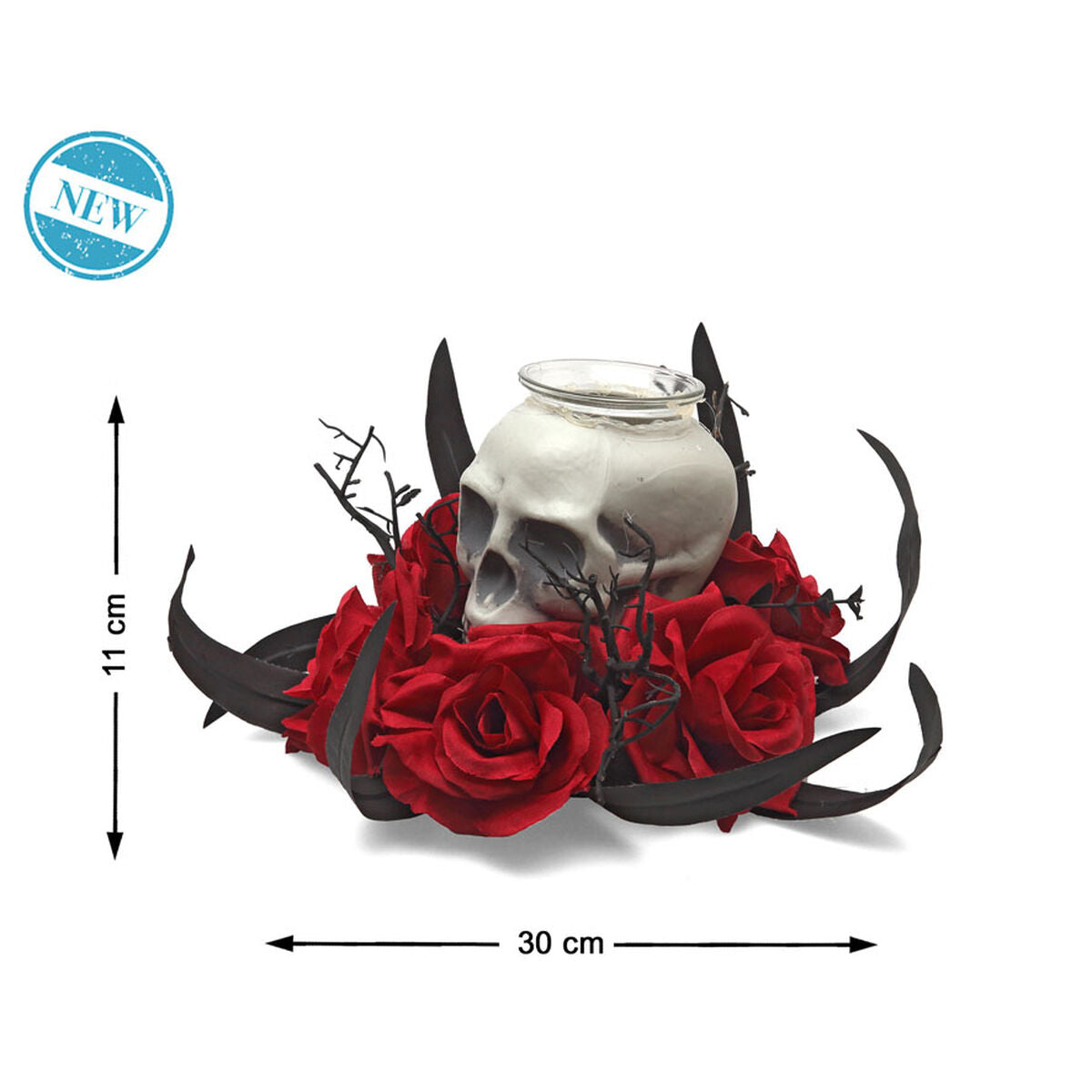 Halloween-koriste kallo 30 x 30 x 11 cm, punaiset ruusut, koriste-esine
