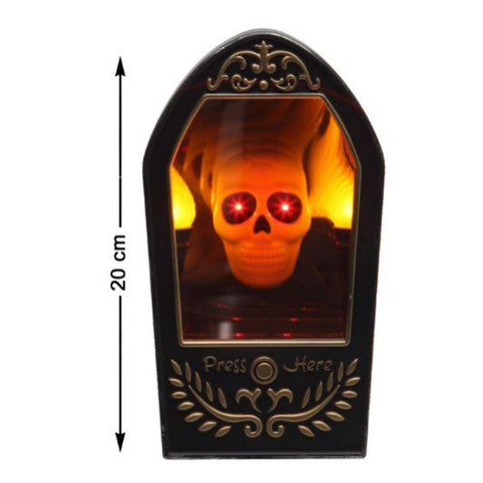 Halloween-koriste, kallo LED-silmillä & painikkeella 20 cm pöytä- ja hyllykoriste