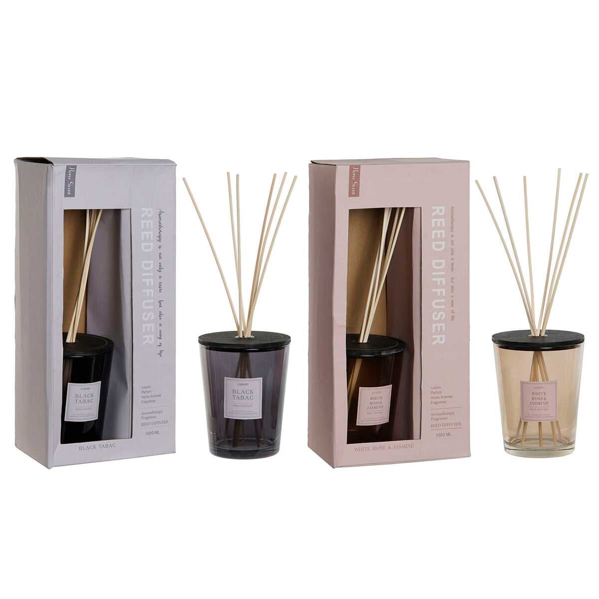Huonetuoksu 1 l, 2 kpl - diffuser moderni lasi & rattan-kansi, harmaa/amber